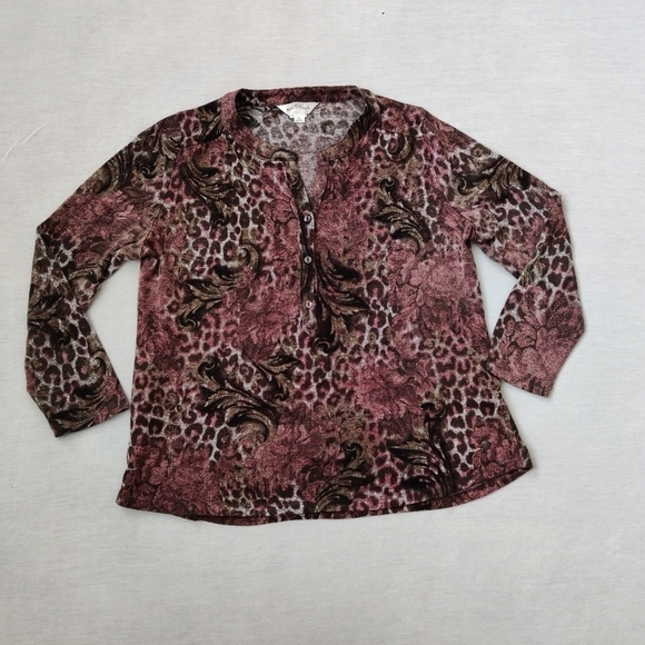 Northern Reflections Women's Leopard Blouse Size Large Pink Brown - Picture 1 of 11
